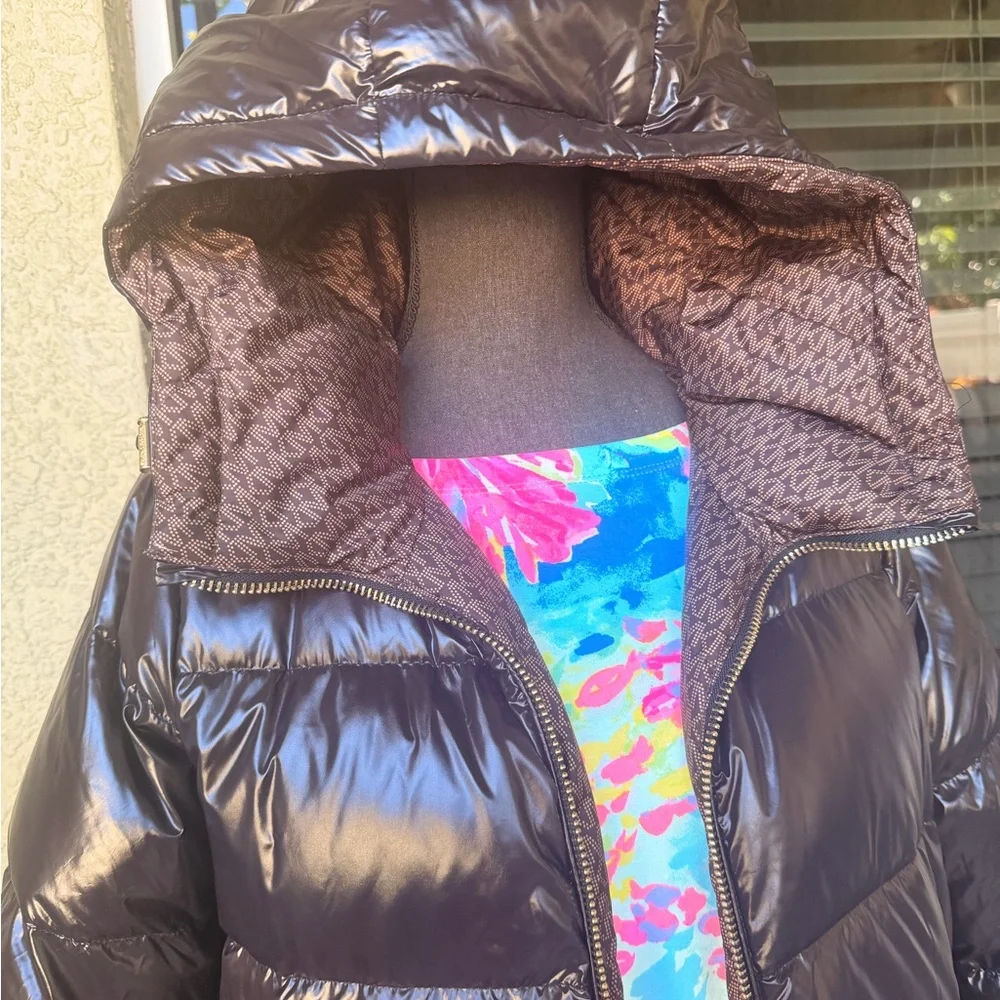 Michael Kors MK Monogram Dark Brown Reversible Puffer Jacket With Gold Hardware